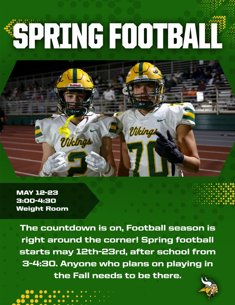Viking Football is Back!!! Spring football starts for all Freshman, Sophomore and Junior boy athletes on Monday May 12th after school at 3pm. Incoming 8th graders will start on June 9th. Building Blocks start now…grab your hard hat and get ready to work!!