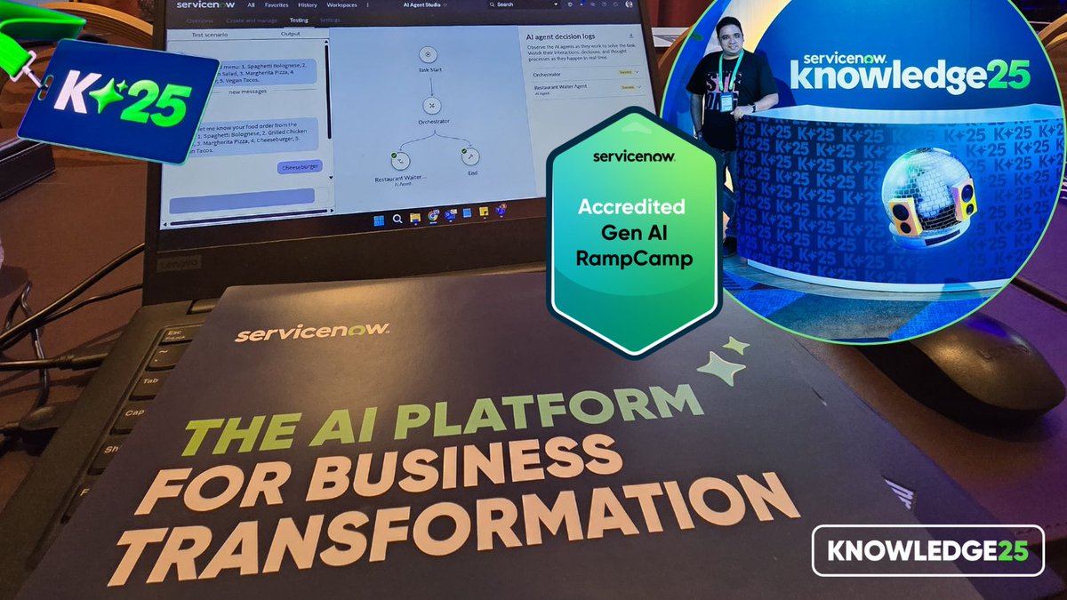 Geosley Andrades @ #StarEAST (@geosley) on Twitter photo Built my first <a href="/ServiceNow/">ServiceNow</a> Agent at #Knowledge25 — what an experience!
Started strong at Partner Day RampCamp, leveled up my skills & earned my Accredited #GenAI Credential.
Catch me at the <a href="/ACCELQ/">ACCELQ</a> Booth 4735 to chat about Agentic Automation in #ServiceNow #testing!
#Know25 Built my first <a href="/ServiceNow/">ServiceNow</a> Agent at #Knowledge25 — what an experience!
Started strong at Partner Day RampCamp, leveled up my skills & earned my Accredited #GenAI Credential.
Catch me at the <a href="/ACCELQ/">ACCELQ</a> Booth 4735 to chat about Agentic Automation in #ServiceNow #testing!
#Know25