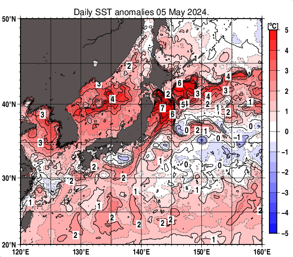 なんか日本周辺の海水温が低いな
去年と比べると歴然
冬の間にどんどん低偏差になっていったみたい
この後の天候への影響が気になるな