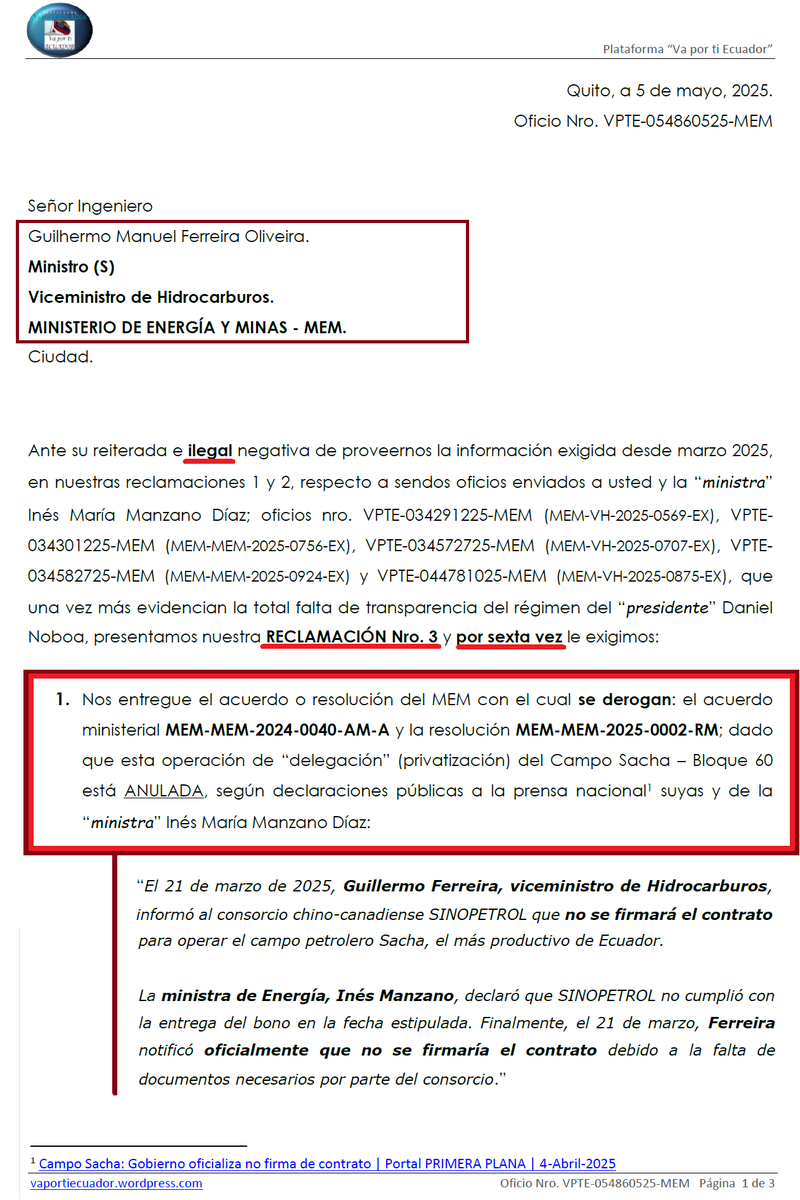 PlataformaVPTE's tweet photo. 🧵2/2
Así que, hasta que oficialmente no nos dé el acuerdo ministerial que anule el AM-40 y RS-02 en la PRIVATIZACIÓN del Campo #Sacha no podemos cantar victoria aún.
Por esto exigimos por SEXTA VEZ al "ministro" (S) Ferreira nos dé ese documento.
PDF⤵️
https://t.co/VHKj14CJYQ https://t.co/UbLGCFNAGz