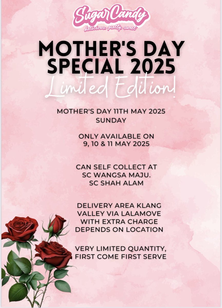 sugarcandyMY's tweet photo. EARLY BIRD PRICE FOR OUR MOTHER’S DAY PACKAGES KINI DIBUKA!

ADA 2 PAKEJ YANG AVAILABLE TAHUN INI!

Boleh whatsapp 2 cawangan kami utk order:

• 0198850161- wangsa maju
• 0102823878- shah alam https://t.co/eU0yvCrYcR