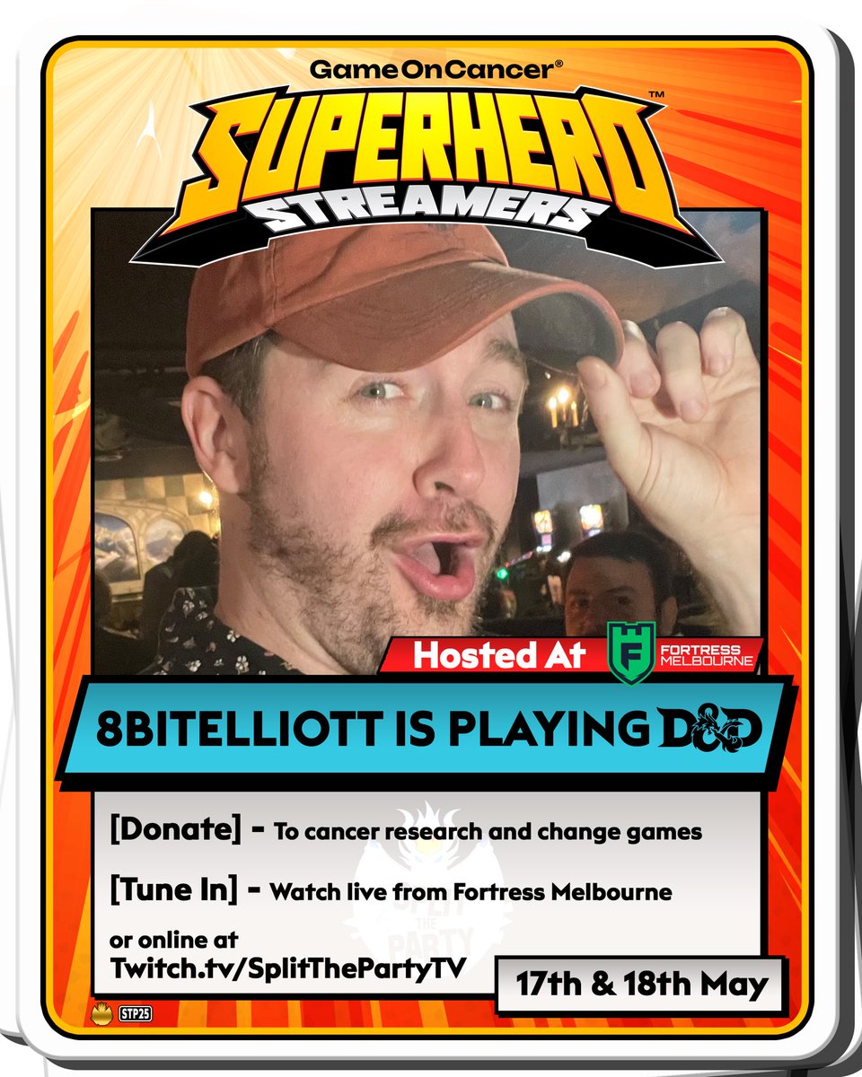 Hey! Did you know @8BitElliott is playing D&amp;D at the <a href="/SplitThePartyTV/">Split the Party</a> SuperHero Streamers Fundraiser?