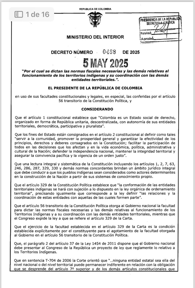 Gracias a la Gran Minga Indígena Nacional hoy es una realidad la expedición de los decretos 0488, 0481 y 0482 . Estos instrumentos normativos establecen el marco para la implementación de las Entidades Territoriales Indígenas, SEIP y régimen especial para la Guajira. ⬇️1/2
