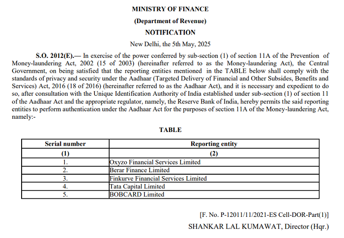 CAclubindia's tweet photo. Finance Ministry Notifies Five NBFCs for Aadhaar-Based Authentication Under PMLA