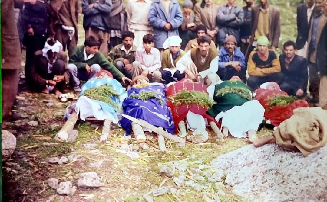 monidipadey's tweet photo. Does terrorism have a religious angle? Yes it does. It is known as Islamism. 

Kashmiri Hindu genocide - 4th May 1998. 

A group of villagers were returning to their village Dhesa, from a market in Doda (Jammu and Kashmir). On the way they had stopped at a Dhaba to eat, when the Islamic terrorists arrived. 

What the terrorists did on arriving was to separate the Dogra Rajput Hindus from the Muslim villagers. 
The four Hindus were: 
1. Ram Singh,
2. Lekhraj Singh,
3. Yograj Singh,
4. Om Prakash Singh.

The Muslims were allowed to go, while the four Hindus were killed by slicing their necks.  After the killings, the Islamic terrorists just walked away without any resistance. 

The Terror act however did not end here. The next day when the families were returning to Dhesa village, after the post-mortem of the 4 killed had ended, the Islamic terrorists struck again. They attacked the mourning family of Ram Singh this time, with AK-47, and killed 5 more Hindus. Their names are:

5. Lambardar Sansar Singh (father of deceased Ram Singh)
6. Prabhat Singh, (Ram Singh's uncle)
7. Chan Singh (Ram Singh's cousin)
8. Shambhunath Singh (Ram Singh's cousin)
9. Krishnanath Singh (related to Ram Singh)

After killing these 5, the Islamic terrorists waved their AK-47s and threatened that if anyone attended the cremation of these 9 dead Hindus, their remaining families will be killed too. Finally in presence of the Indian army, cremation of the 9 dead Hindus were performed.

Islamic terrorism has not ended, and is continuing as jihad across India in various forms. The recent Pahalgam massacre was just another such religious-jihadi killing, in the long line of Hindu genocide at the hands of Islamists.

(The original post describing the incident of 1998 was written by the son of late Ram Singh, who was among those killed on 4th April 1998).