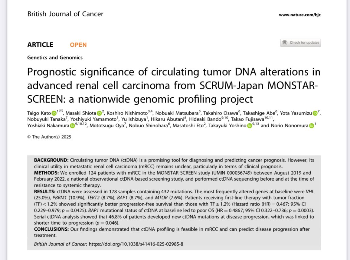 Emre Yekedüz (@yekeduz_emre) on Twitter photo 🧪ctDNA in renal cell carcinoma: A Japan Nationwide Study
➡️Baseline high tumor fraction was associated with poor prognosis
➡️New mutations in serial ctDNA analysis showed poor prognosis
🩸ctDNA in RCC seems feasible to predict prognosis!
<a href="/OncoAlert/">OncoAlert</a> <a href="/IKCCorg/">IKCC Kidney Cancer</a> <a href="/isliquidbiopsy/">International Society of Liquid Biopsy</a> 🧪ctDNA in renal cell carcinoma: A Japan Nationwide Study
➡️Baseline high tumor fraction was associated with poor prognosis
➡️New mutations in serial ctDNA analysis showed poor prognosis
🩸ctDNA in RCC seems feasible to predict prognosis!
<a href="/OncoAlert/">OncoAlert</a> <a href="/IKCCorg/">IKCC Kidney Cancer</a> <a href="/isliquidbiopsy/">International Society of Liquid Biopsy</a>