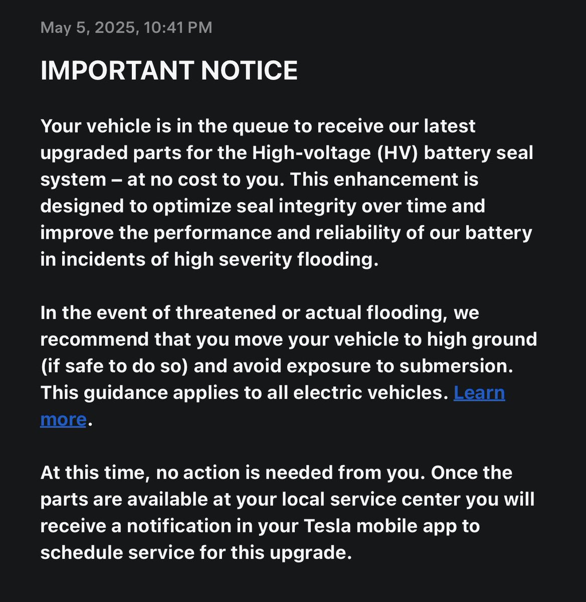 mattplotner's tweet image. Just got a notification in the Tesla app that I’m in a queue to receive an upgraded seal for the HV battery. Others getting this? This is for 2022 S Plaid