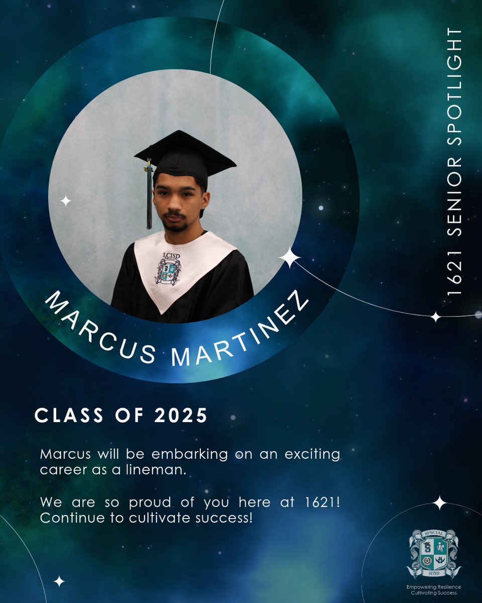 Today on our 1621 Senior Spotlights, Marcus Martinez! We are so incredibly proud of you and are excited  to see you continue to cultivate success! #1621Grad #1621Success #EmpoweringResilienceCultivatingSuccess