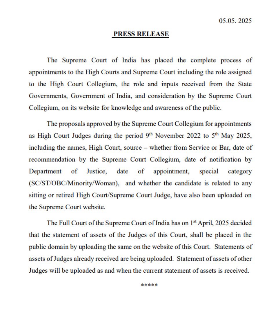 GoldySrivastav's tweet image. #Delhi 

In a #significantstep towards #judicial #transparency and #accountability, the #SupremeCourt on May 5 uploaded the complete process of #appointments to the #HighCourt and the Supreme Court from November 9, 2022, to May 5, 2025

#NewsFlash