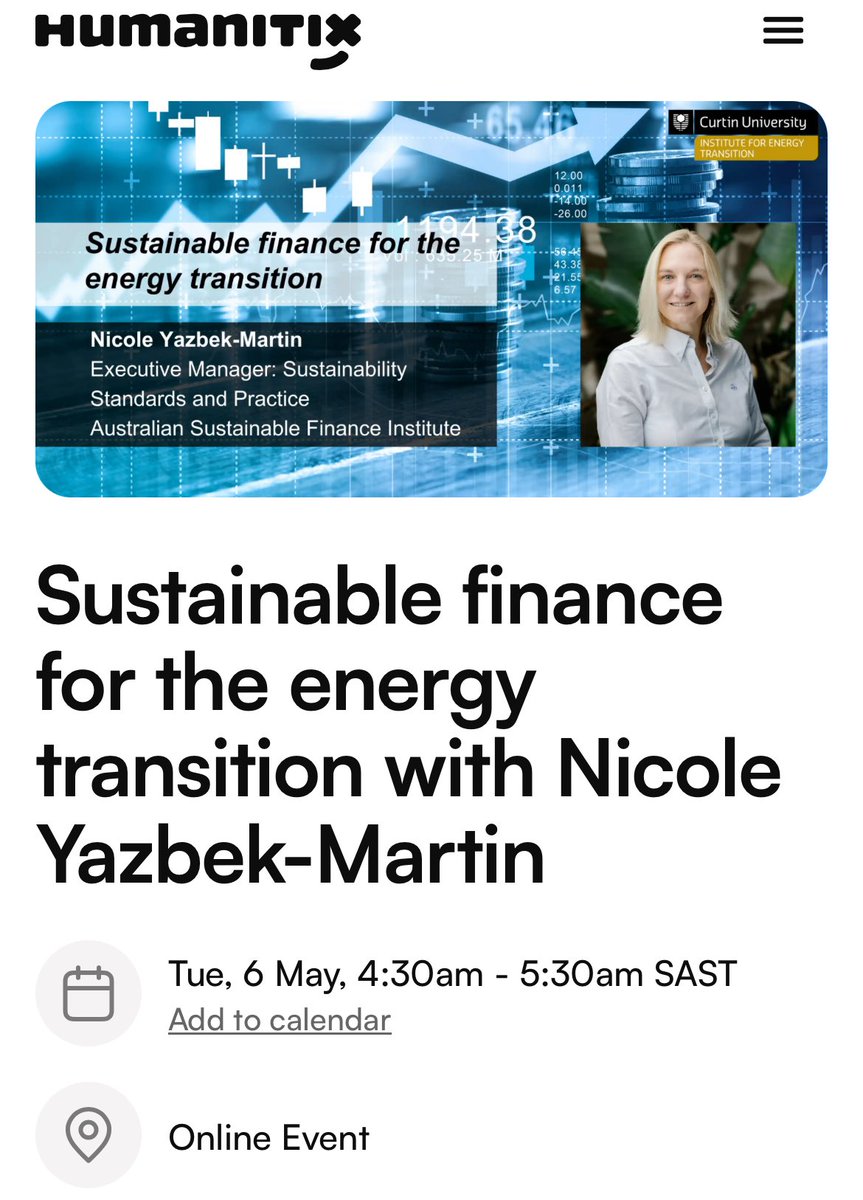 Michelle Beeslaar (@michellebeesla1) on Twitter photo I’m part of the #5amclub but #working / #learning doesn’t have a clock in #globalbusiness so joining <a href="/CurtinUni/">Curtin University</a> Institute for the Energy Transition at 4am for presentation from #australia case study on #sustainablefinance by @nicoleyabekmartin.
It doesn’t matter your industry, I’m part of the #5amclub but #working / #learning doesn’t have a clock in #globalbusiness so joining <a href="/CurtinUni/">Curtin University</a> Institute for the Energy Transition at 4am for presentation from #australia case study on #sustainablefinance by @nicoleyabekmartin.
It doesn’t matter your industry,