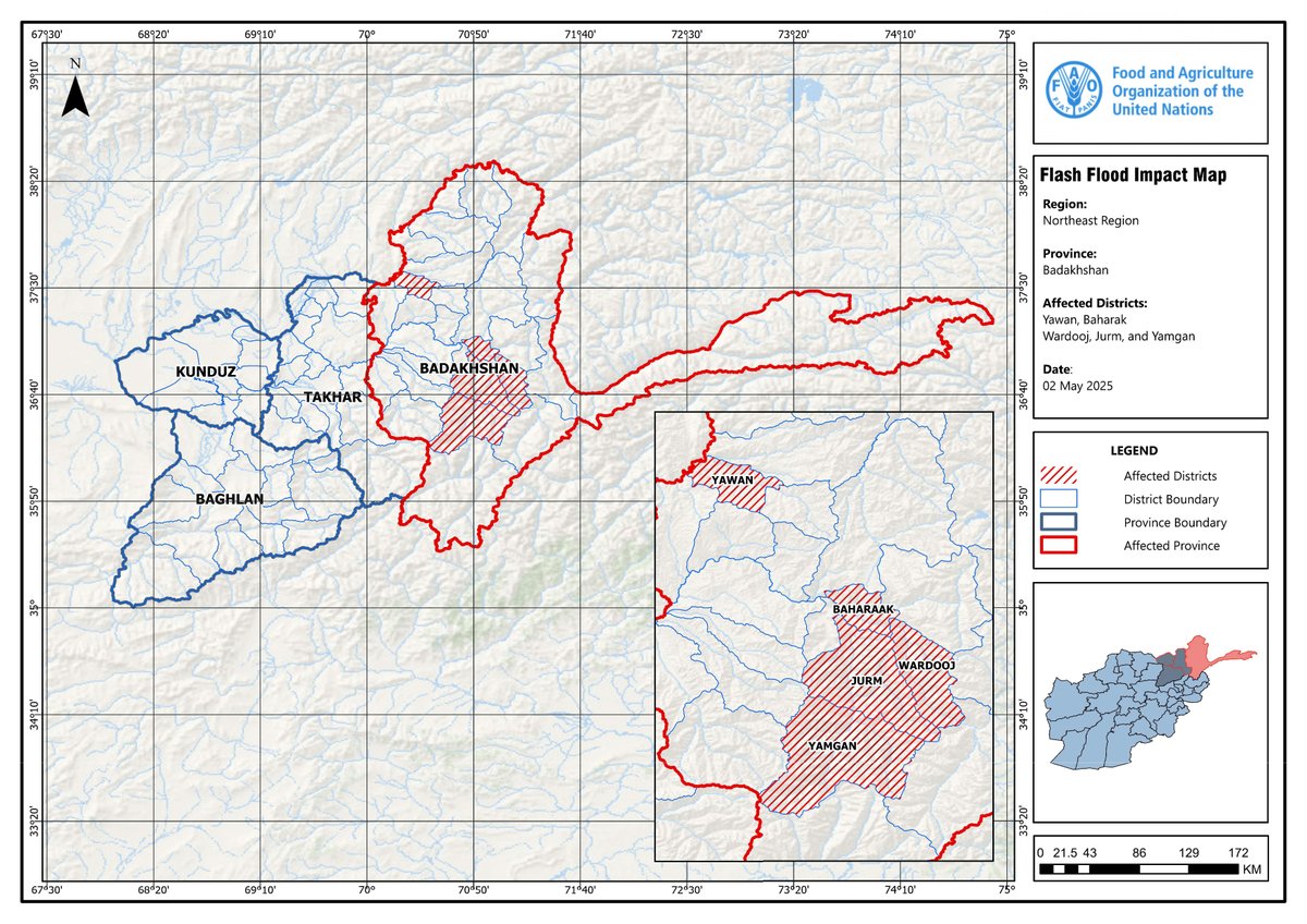 FAO in Afghanistan (@faoafghanistan) on Twitter photo Flash floods hit Jurm and Baharak (Badakhshan), affecting 1 000+ households, 1 233 ha of land, 150 herders, and 500+ livestock.
<a href="/FAO/">Food and Agriculture Organization</a> and partners are assessing needs in remote areas before planning a possible response. 🤝
#FAOemergencies Flash floods hit Jurm and Baharak (Badakhshan), affecting 1 000+ households, 1 233 ha of land, 150 herders, and 500+ livestock.
<a href="/FAO/">Food and Agriculture Organization</a> and partners are assessing needs in remote areas before planning a possible response. 🤝
#FAOemergencies