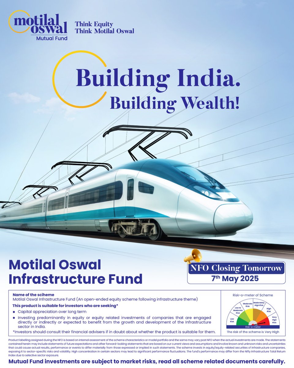 MotilalOswalAMC's tweet image. Build India&apos;s future while building your wealth!
Invest in the Motilal Oswal Infrastructure Fund – NFO closes 7th May 2025.

Invest now: tinyurl.com/2vhu2wv6

#MotilalOswalAMC #InfrastructureFund #SmartIndia #MutualFundSahiHai #InvestSmart #UrbanIndia #NFOAlert