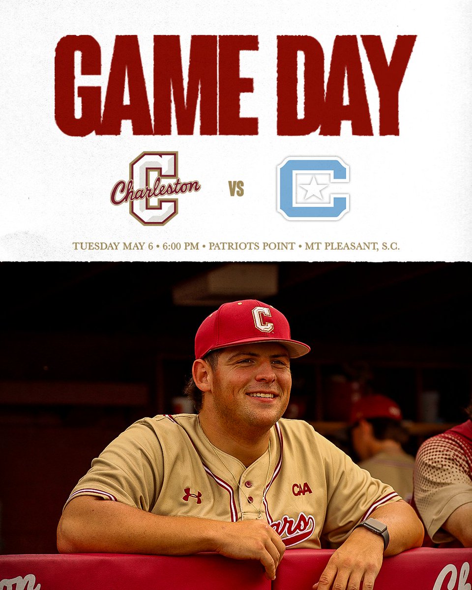 Midweek matchup with The Citadel.

📍 - Patriots Point: Mt Pleasant, S.C.
🕕 - 6 p.m.
📺 - FloCollege
📊 - cofcstats.com
🎟️ - cofcsports.com/tickets

#TheCollege 🌴⚾️