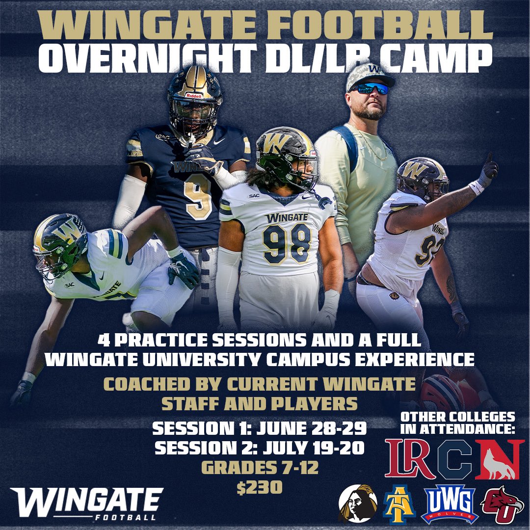 It’s more than a camp it’s a lifestyle! Come spend two days learning the skills and work ethic thats made Wingate University statistically, one of the best defenses in the country. 
Camp Link:

campscui.active.com/orgs/WingateUn…