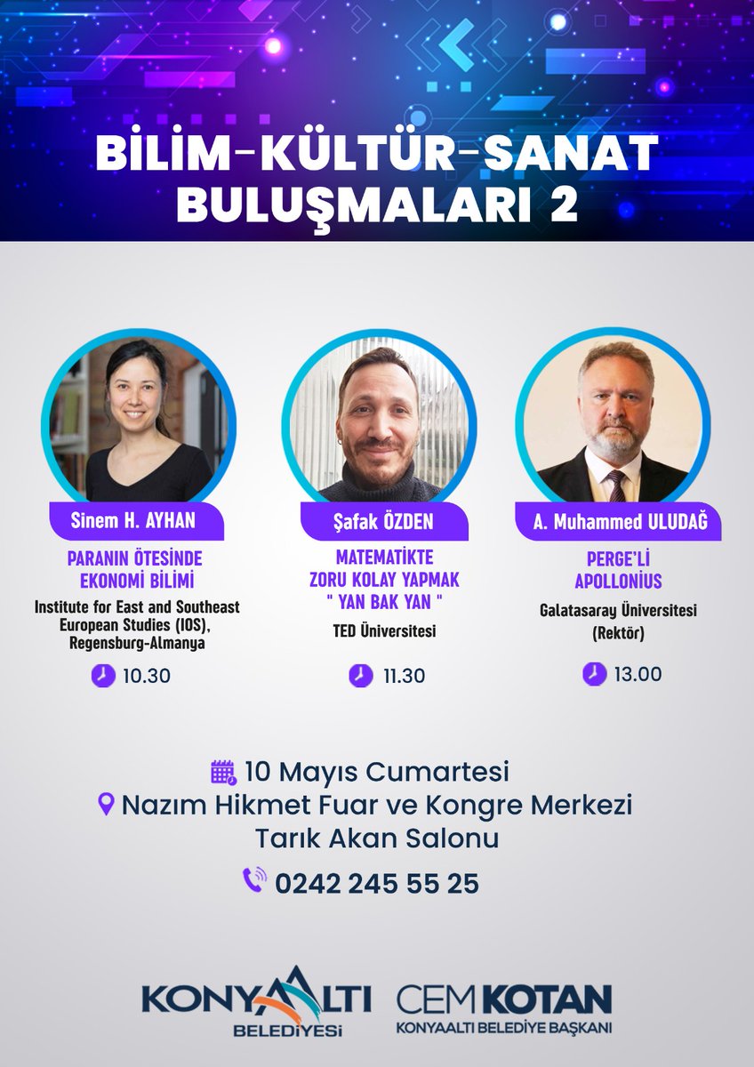 Konyaaltı Belediyesi ve gönüllü akademisyenler birlikte çok güzel söyleşiler düzenliyor. Özellikle lise ve üniversite öğrencilerine hitap eden içerikler, bugünlerde en cok ihtiyaç duyulan özenli ve derinlikli yorumlanmış fikir paylaşımlarını sağlıyor.  Umuyoruz ki örnek oluşturur
