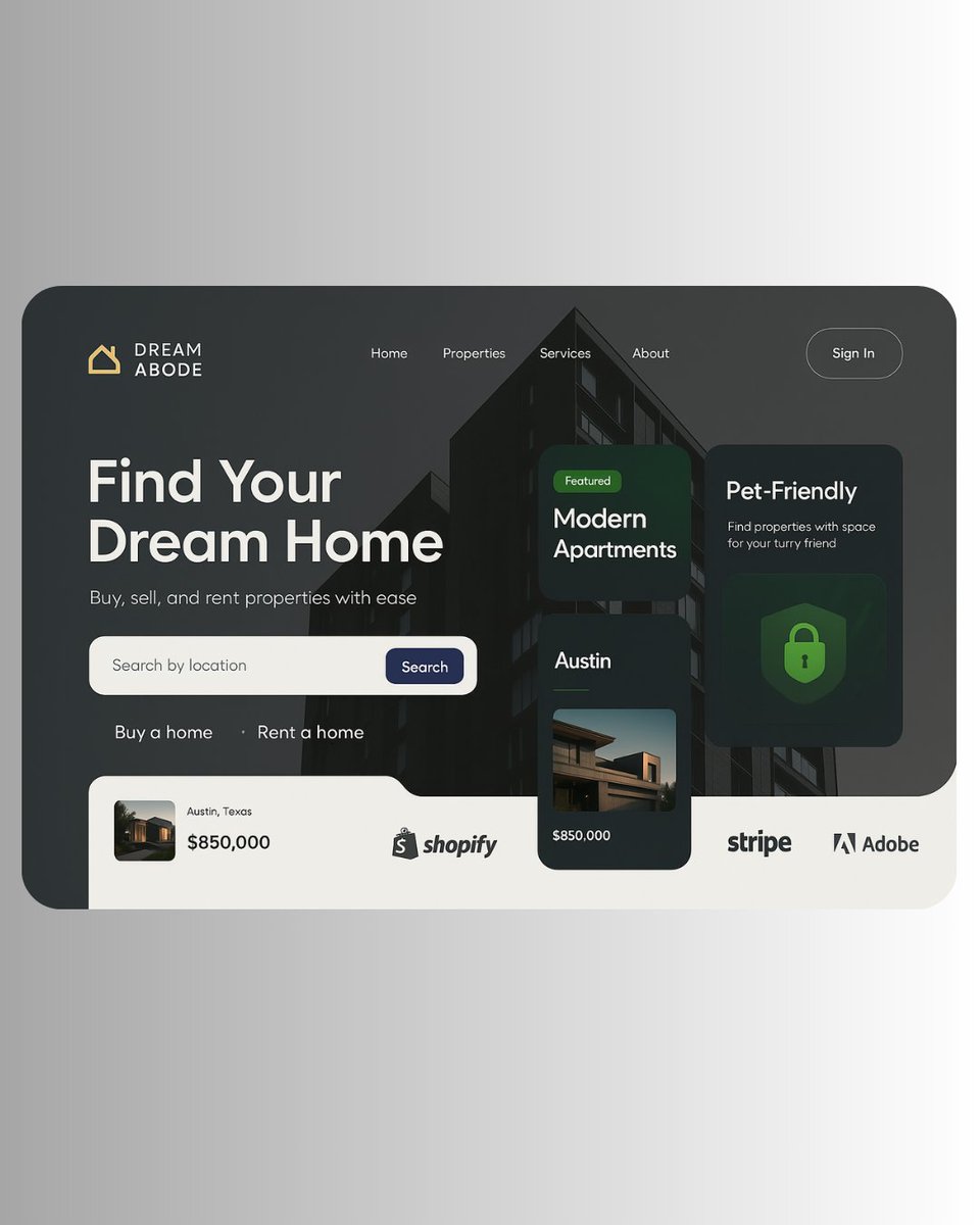 codeforkal's tweet image. Today is Tuesday, and this hero section is today's concept design — a dark-themed, sleek UI for "Dream Abode," a next-gen real estate platform. Smooth gradients, bold layout, and seamless UX, all in one screen.