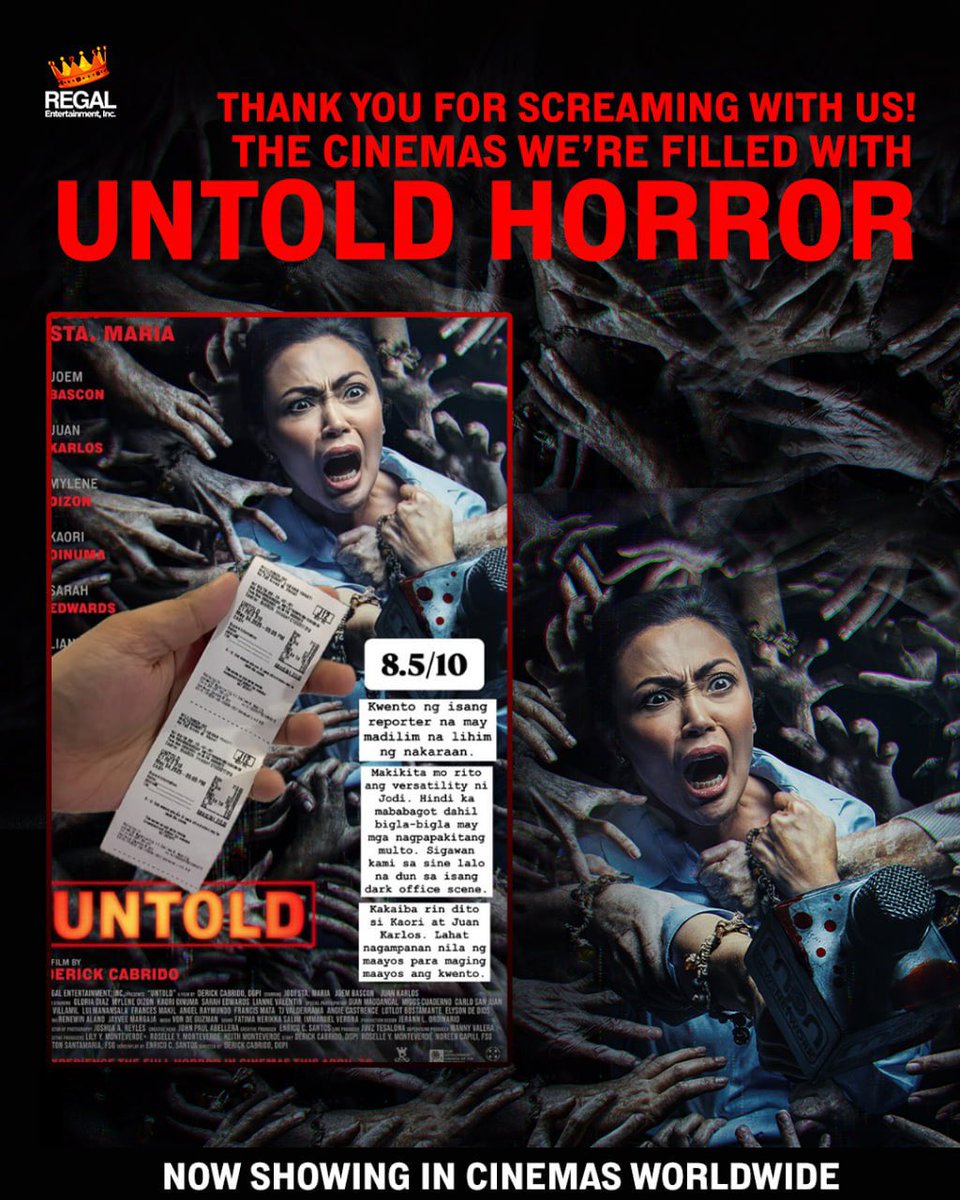 Thank you for screaming with us! Share your SCREAMPERIENCE with us! #UntoldMovie is now showing in cinemas worldwide! 

UNTOLD is available to students at discount rate of P250 in SM and Robinsons Movieworld cinemas.

NOW SHOWING WORLDWIDE
#JodiStaMaria #DerickCabrido
