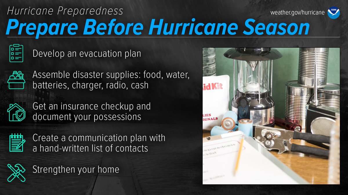 🌀 Ready for hurricane season? Start early!
Develop a support network
Assemble supplies: food, water, batteries, chargers
Check your insurance &amp; document possessions
Create a handwritten contact list

More tips weather.gov/hurricane &amp; disasterstrategies.org/disaster-tips/
#HurricanePrep