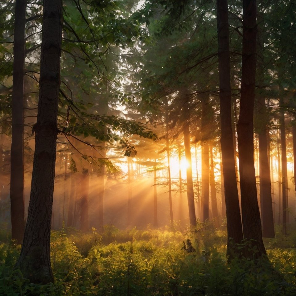 The forest kneels to morning’s grace,
As sunlight weaves through leaves a trace.
A golden hymn, so soft, so wide 
The dawn and trees in love collide.