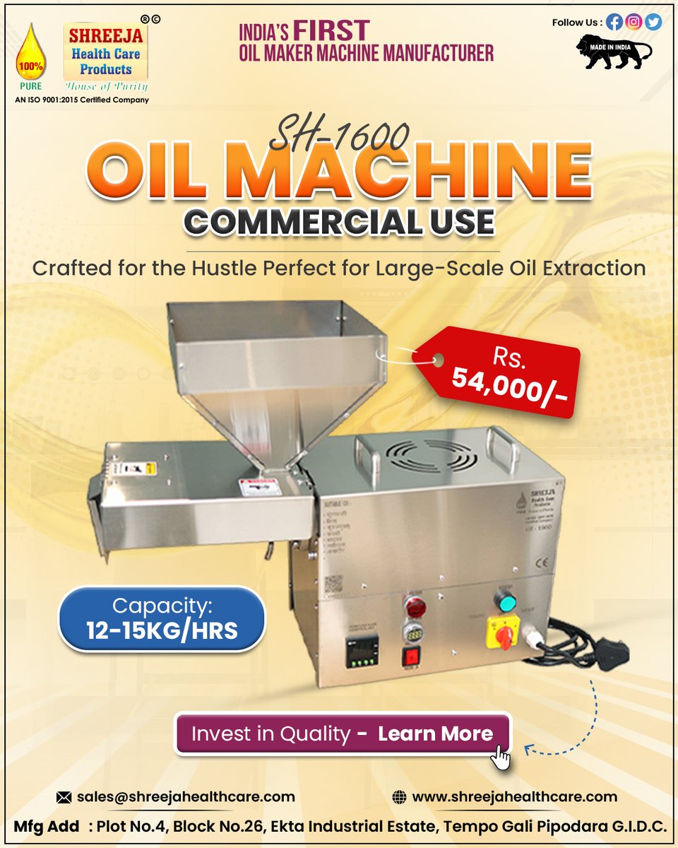 shreejahealth's tweet image. 💥 Introducing the SH-1600 Oil Machine – Built for Commercial Success!

📞 +91 95103 01091
📧sales@shreejahealthcare.com
🌐 shreejahealthcare.com
👉 Invest in Quality – Learn More Now!
#shreejahealthcare #oilmachine #oilmakermachine #commercialoilmachine #shreejahealthcare