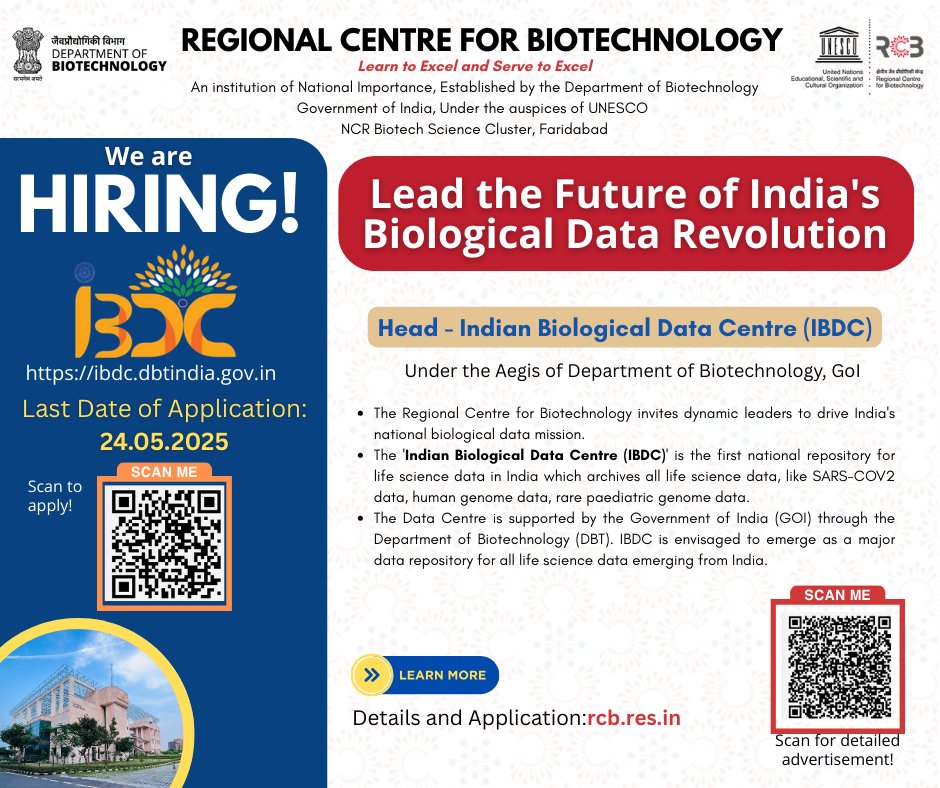 IBDC (Indian Biological Data Centre) (@ibdctweets) on Twitter photo #JobAlert
IBDC at <a href="/unescorcb/">RCB</a>, established under the aegis of <a href="/DBTIndia/">Department of Biotechnology</a> is seeking a visionary leader to serve as Head of Centre.
š
Application Deadline: 24 May 2025
š Know more: ibdc.dbtindia.gov.in
š Apply here: rcb.res.in
<a href="/rajesh_gokhale/">Rajesh Gokhale</a> <a href="/dtnair/">Deepak T. Nair</a> <a href="/deb030903/">DEBASISA MOHANTY</a> #JobAlert
IBDC at <a href="/unescorcb/">RCB</a>, established under the aegis of <a href="/DBTIndia/">Department of Biotechnology</a> is seeking a visionary leader to serve as Head of Centre.
š
Application Deadline: 24 May 2025
š Know more: ibdc.dbtindia.gov.in
š Apply here: rcb.res.in
<a href="/rajesh_gokhale/">Rajesh Gokhale</a> <a href="/dtnair/">Deepak T. Nair</a> <a href="/deb030903/">DEBASISA MOHANTY</a>