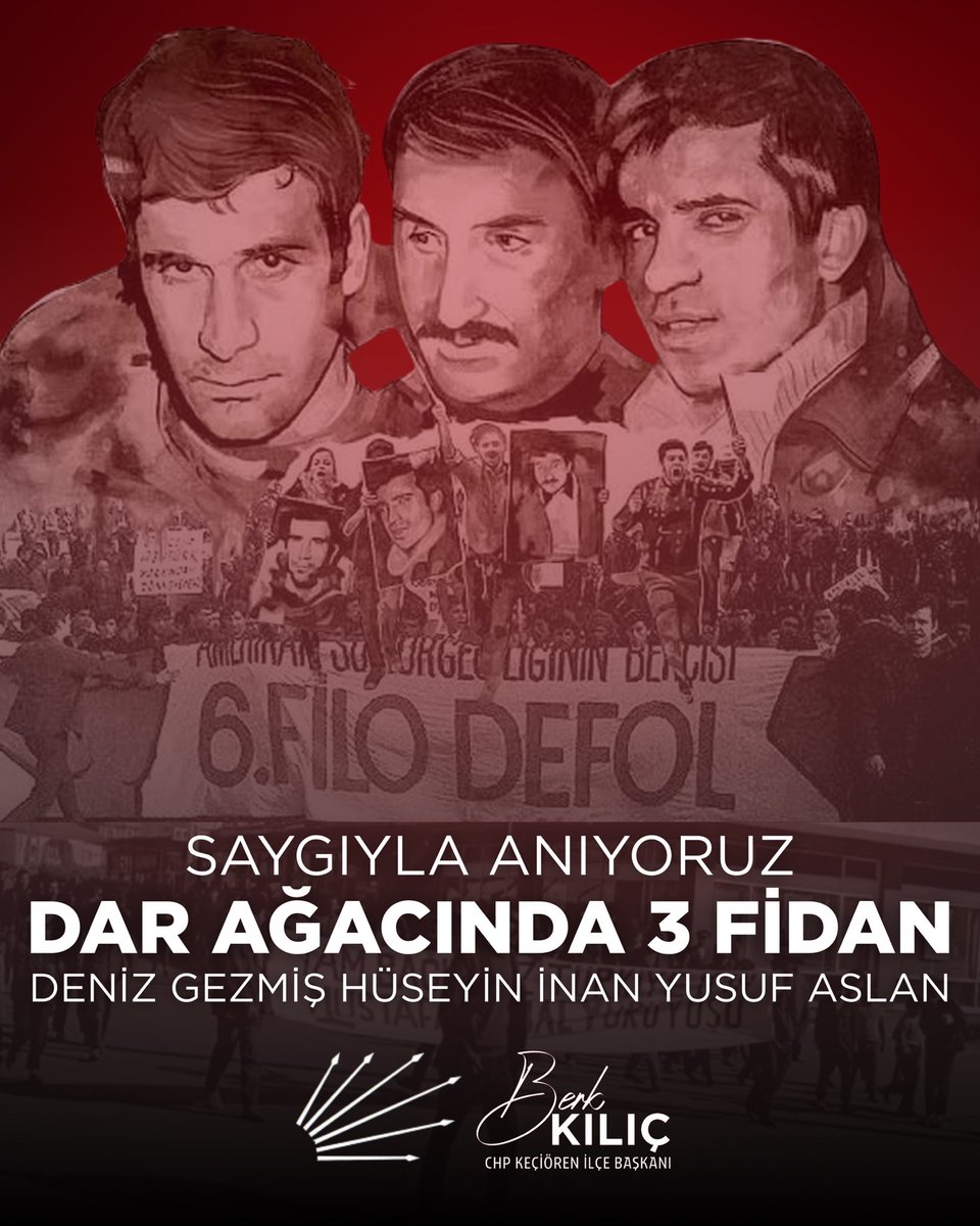 Ne Deniz sustu, ne Hüseyin durdu, ne Yusuf vazgeçti.

Bedenleri darağacında kaldı; fikirleri sokaklarda, meydanlarda, yüreklerimizde yaşıyor. Deniz’in yürüdüğü yolda, Hüseyin’in ve Yusuf’un inancıyla yürüyoruz.

Unutmadık, unutturmayacağız.
Denizler yaşıyor, mücadele sürüyor!