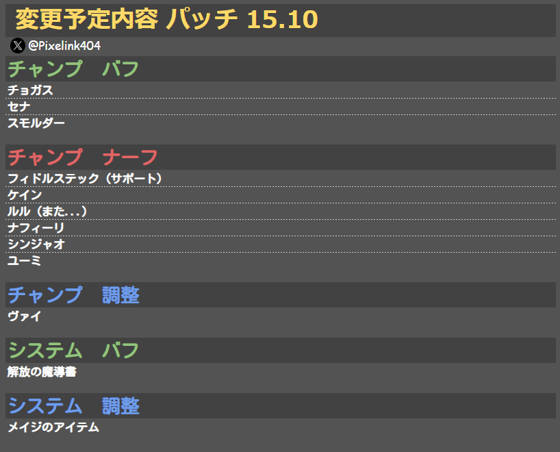 Pixelink404's tweet photo. 【LOLパッチ 15.10】📝

変更予定内容 
 #LOLパッチ #LOL
※詳細は後日 https://t.co/JX2YbMrGMS