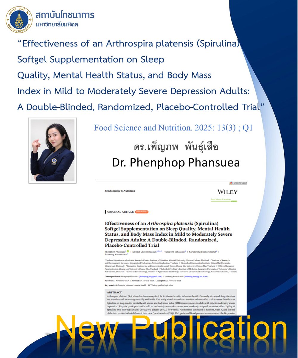 📌New Publication "Effectiveness of an Arthrospira platensis (Spirulina) Softgel Supplementation on Sleep Quality, Mental Health Status, and Body Mass Index in Mild to Moderately Severe Depression Adults: A Double-Blinded, Randomized, Placebo-Controlled Trial"
