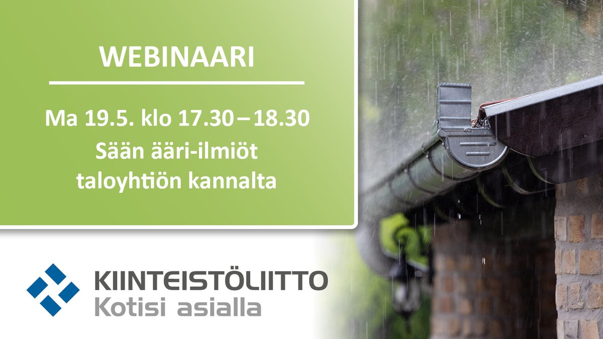 Paahtavaa hellettä, kaatosadetta, myrskytuulta ja tulvia tulossa?
Jäsentaloille pidetään sään ääri-ilmiöt taloyhtiöiden kannalta -webinaari ma 19.5. klo 17.30. Webinaarin vetää Janne Salakka.
lyyti.fi/reg/Saan_aarii…

#sää #ilmastonmuutos #kiinteistöliitto #webinaari