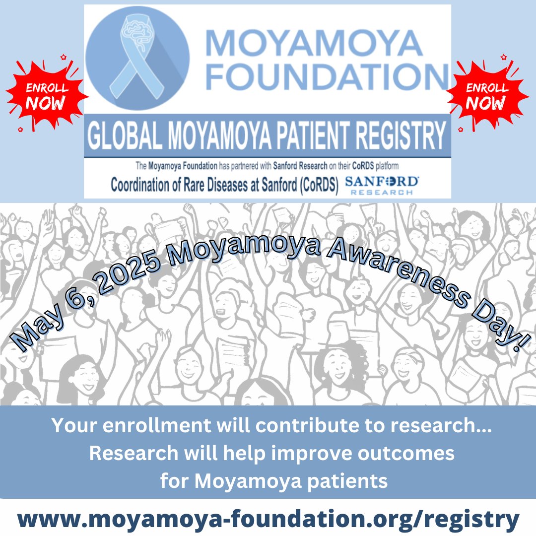 May 6th, World Moyamoya Awareness Day

It’s also a great day for Moyamoya Patients to enroll in the Global Moyamoya Patient Registry to help researchers! Enroll today:  cords.sanfordresearch.org/activation-form

FAQ: bit.ly/3DtQoKk

#MoyamoyaAwarenes,  #MoyamoyaResearch, #MoyamoyaRegistry