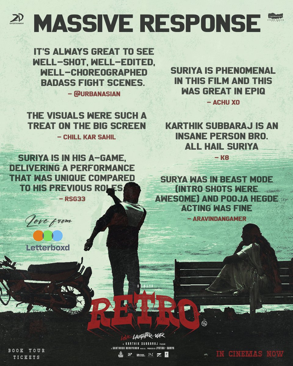 APIfilms's tweet image. Love… Pure love from #Letterbox for our #Retro ❤

#RetroRunningSuccessfully 🔥 #LoveLaughterWar

@Suriya_Offl #Jyotika @karthiksubbaraj @hegdepooja @Music_Santhosh @prakashraaj @C_I_N_E_M_A_A @rajsekarpandian @kaarthekeyens @kshreyaas @cheps911 @jacki_art #MayaPandi