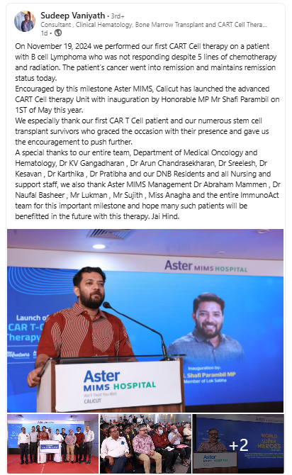 Durable, deep, and life-changing – Our CAR-T cell therapy (NexCAR19) continues to demonstrate real-world impact. We’re proud to see our first patient at Aster MIMS still in remission months after treatment. Durability isn't just a clinical metric, it's a second chance at life.