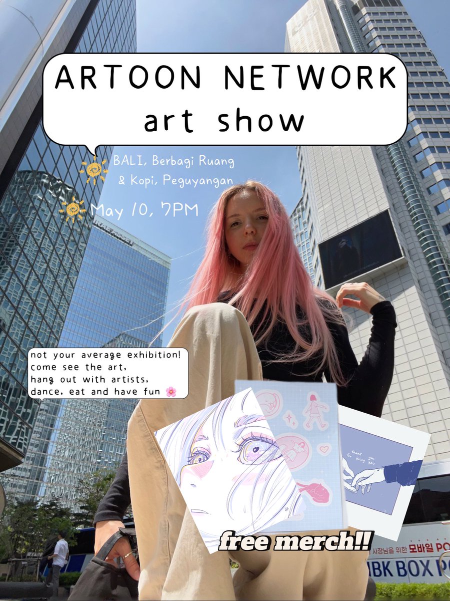 🌸 i’m part of the ARTOON NETWORK art show! excited, nervous, and lowkey losing my sh!t in the best way.

✨ not in Bali? a reshare &amp; comment helps so much, i’m always super grateful.

💘 free mini merch for anyone who stops by

📍 Berbagi Ruang &amp; Kopi, Peguyangan
🕖 May 10, 7PM