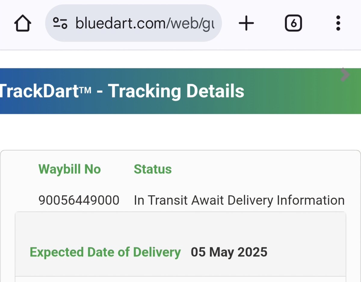 AjitKumarSatap5's tweet photo. @BlueDart_ What is this?? Pls see the attached screenshot. This parcel was supposed to deliver on 5th May and still I haven't received???? https://t.co/az9whfG1Cn