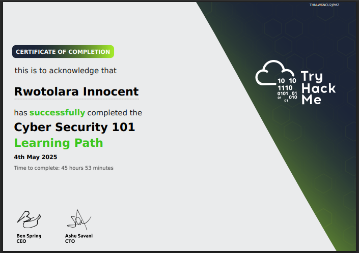 707_Roi's tweet photo. Completed Cyber Security 101 on @tryhackme!
Got a solid start in cybersecurity, learned the essentials and got my hands dirty, and I’m just getting started.
Big thanks to @allenharper for igniting this journey.
#HackSkills #TechDefender #SecurityMindsetUnlocked https://t.co/WkV6sHOTgP