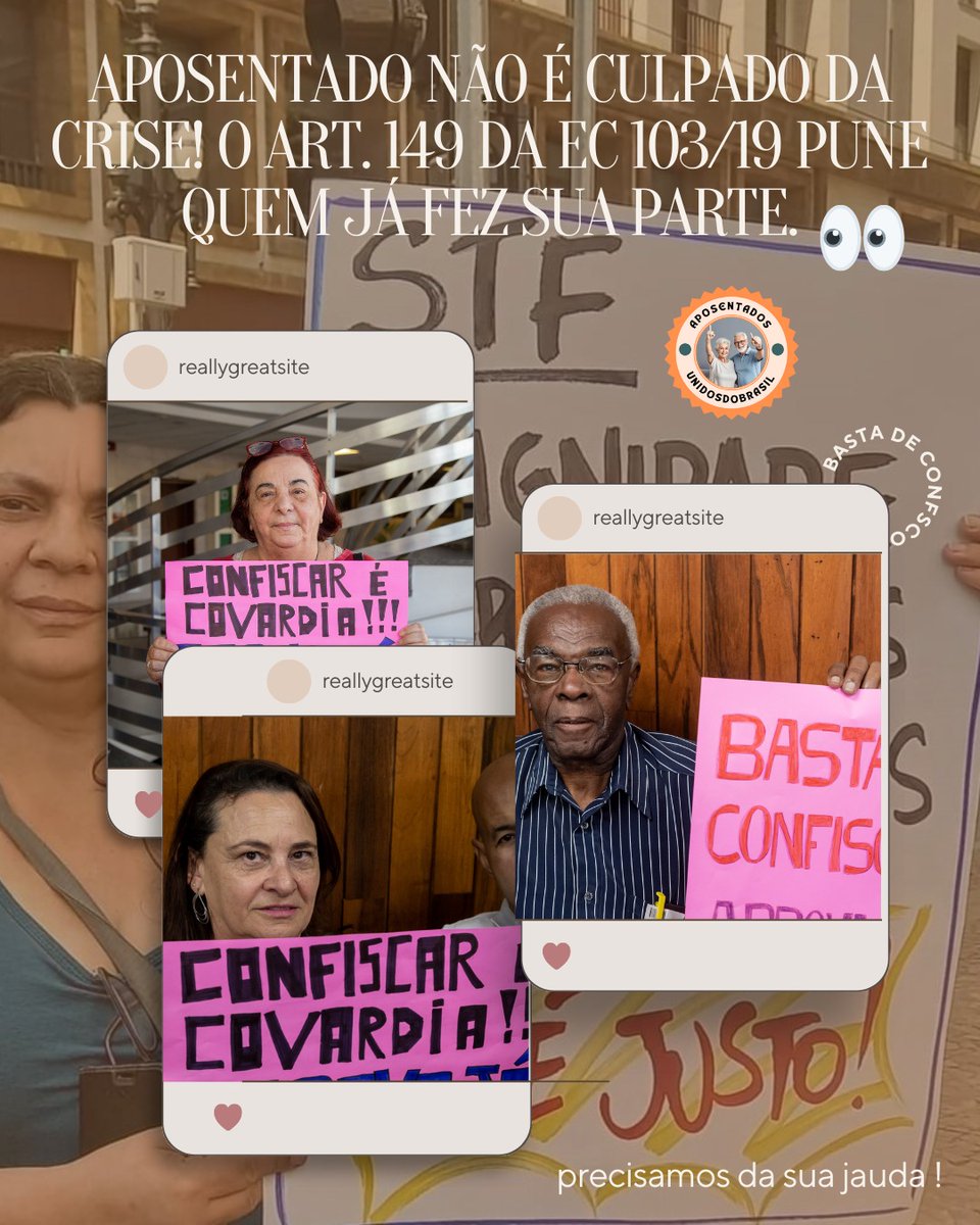 Justiça para quem trabalhou a vida inteira. STF, retomem o julgamento do art. 149 da EC103/19 com urgência. <a href="/STF_oficial/">STF</a>
<a href="/nunesmarquesK/">Kassio Nunes Marques</a>
<a href="/MinAMendonca/">André Mendonça</a>
<a href="/Cristianozaninm/">Cristiano Zanin Martins</a>
<a href="/FlavioDino/">Flávio Dino 🇧🇷</a>
👇
Salvem Aposentados
#AposentadoriaHonrada
Frw
