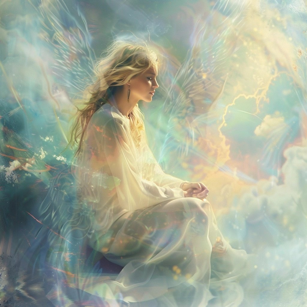 Celestial Grace 

Bathed in ethereal light, she sits in stillness — a whisper between heaven and earth.

A moment of peace, a presence of divine beauty.

Let this angelic vision remind you: you are never alone.