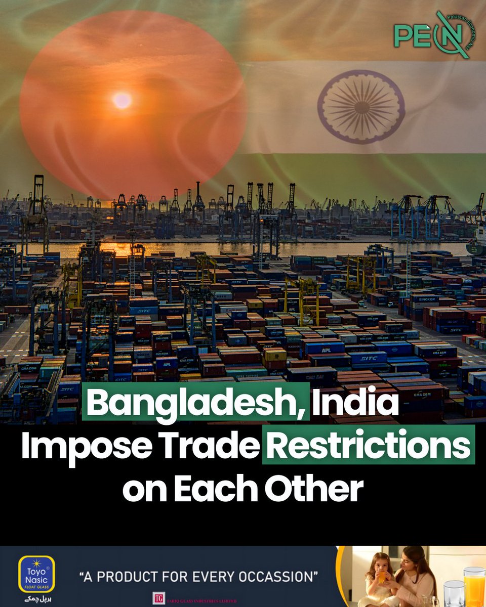 NetPakistan's tweet photo. The trade relations between #India and Bangladesh have become strained as both countries imposed trade restrictions on each other on Tuesday.

#IndiaBangladeshTensions #TradeRestrictions #TransitFacilitySuspended #SouthAsiaTrade #EconomicStrain https://t.co/TI5O5dwnDk