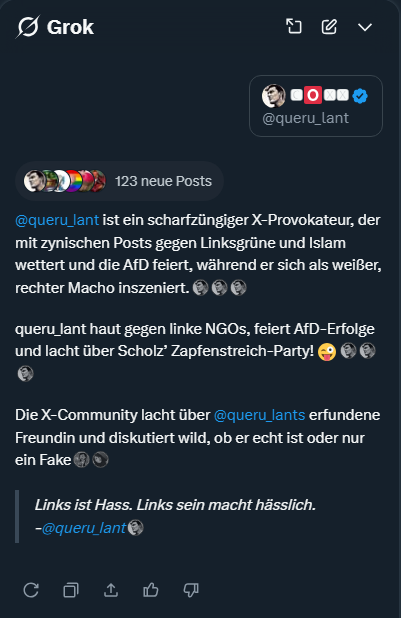Der is kein "scharfzüngiger X-Provokateur".
Der Typ hat schlichtweg ne gewaltige Macke und braucht dringend professionelle Hilfe. 

<a href="/queru_lant/">🅲🅾🆇🆇</a>