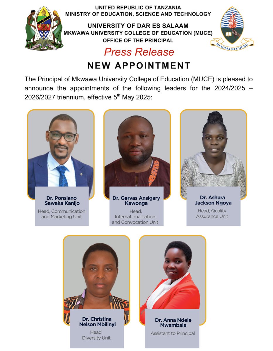 officialmuce's tweet photo. We are pleased to announce the appointment of new leaders at MUCE, effective 5th May 2025.
Join us in congratulating the newly appointed leaders as they take on their roles in steering MUCE towards greater achievements! 🌟
#MUCE #Leadership #HigherEducation #TeamMUCE #AcademicExcellence #NewBeginnings #Iringa