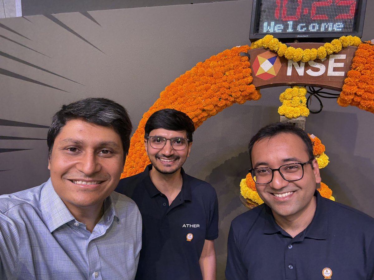 Rajeev Mantri (@rmantri) on Twitter photo Great to be with <a href="/tarunsmehta/">Tarun Mehta</a> <a href="/swapniljain89/">Swapnil Jain</a> for <a href="/atherenergy/">Ather Energy</a>ās historic listing ceremony at <a href="/NSEIndia/">NSE India</a>!
There are so many firsts achieved by Ather - and I am sure they will continue to log many more. The original electric story - a shining example on how to build, now in public Great to be with <a href="/tarunsmehta/">Tarun Mehta</a> <a href="/swapniljain89/">Swapnil Jain</a> for <a href="/atherenergy/">Ather Energy</a>ās historic listing ceremony at <a href="/NSEIndia/">NSE India</a>!
There are so many firsts achieved by Ather - and I am sure they will continue to log many more. The original electric story - a shining example on how to build, now in public