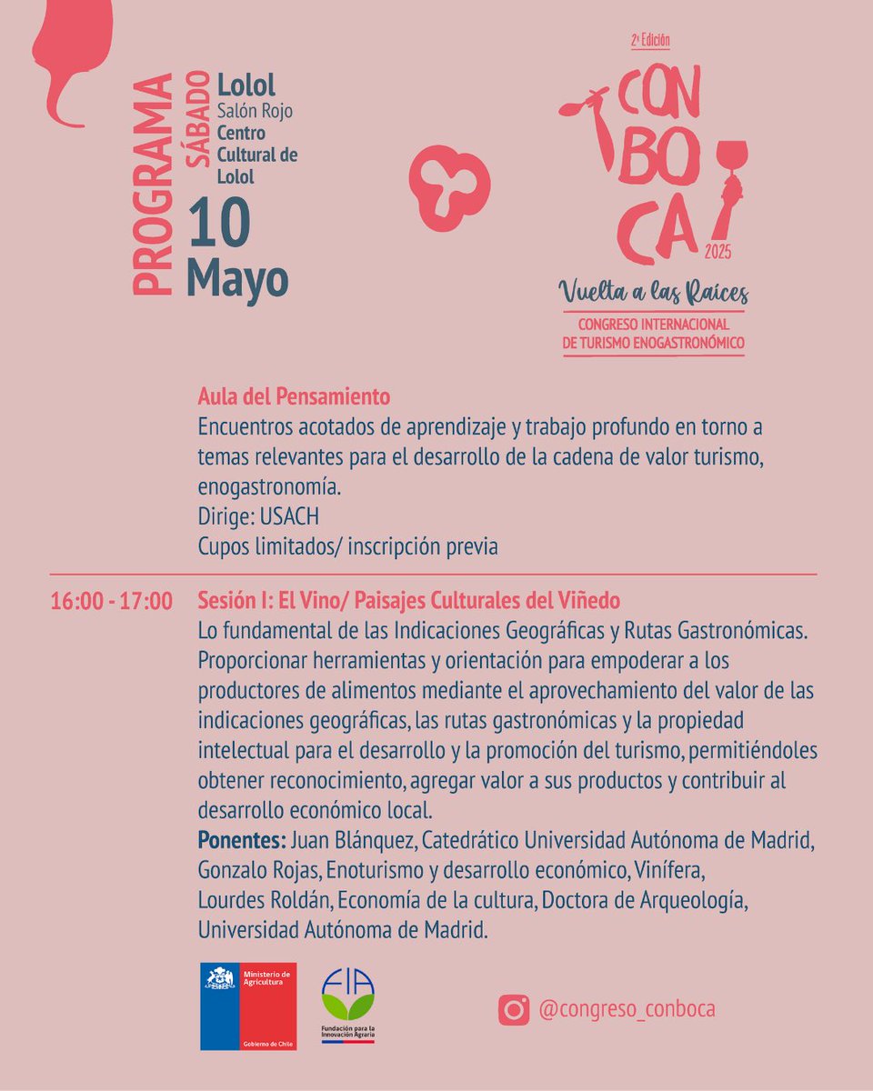 "Vuelta a las Raíces", vuelve ConBoca 2025. Emoción, conexión, reflexión, a través de la mirada de expertos;  Pabellón del Vino campesino, Aulas del Pensamiento, Feria de Productores. Evento gratuito.
Entra ya en docs.google.com/forms/d/e/1FAI…
Nos vemos en Lolol!
