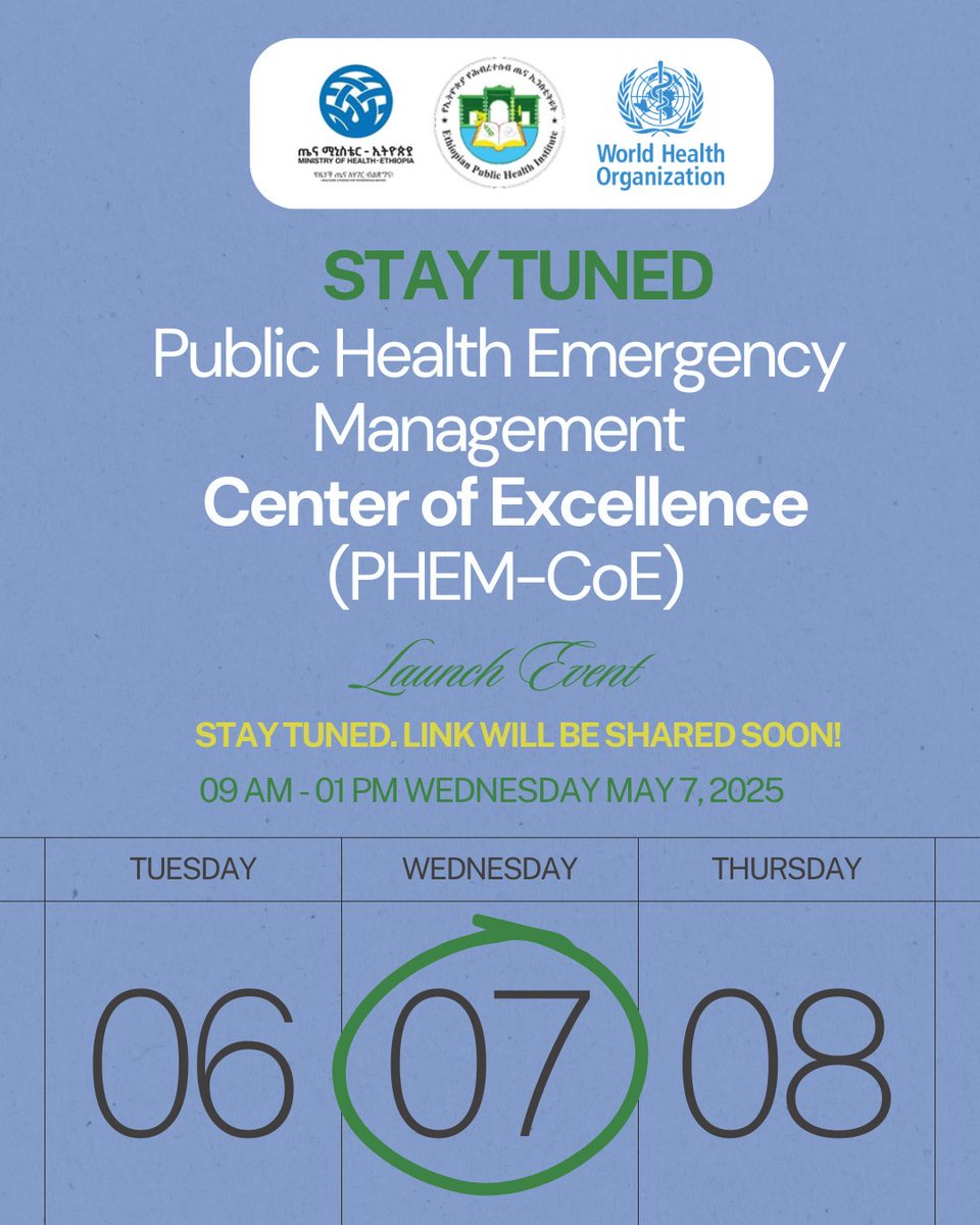 WHO Ethiopia (@whoethiopia) on Twitter photo 🇪🇹#Ethiopia is launching its Public Health Emergency Management Centre of Excellence — a leap for #HealthSecurity and #EmergencyPreparedness.
Stay tuned. Link will be shared soon!
#CentreOfExcellence #PHEM
<a href="/FMoHealth/">Ministry of Health ETHIOPIA</a> <a href="/EPHIEthiopia/">Ethiopian Public Health Institute</a> <a href="/WHO/">World Health Organization (WHO)</a> 🇪🇹#Ethiopia is launching its Public Health Emergency Management Centre of Excellence — a leap for #HealthSecurity and #EmergencyPreparedness.
Stay tuned. Link will be shared soon!
#CentreOfExcellence #PHEM
<a href="/FMoHealth/">Ministry of Health ETHIOPIA</a> <a href="/EPHIEthiopia/">Ethiopian Public Health Institute</a> <a href="/WHO/">World Health Organization (WHO)</a>