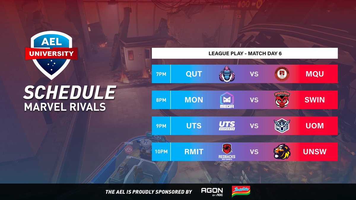 Australian Esports League (@auesportsleague) on Twitter photo Week 6 of the AEL University Elite Series begins with some Marvel Rivals!
π΄ Live from 6:45PM AEST
πΊ twitch.tv/auesportsleague
ποΈ <a href="/Mattse123/">MattSe</a> & @emperor_zk
πΉοΈ <a href="/TwoTapTony/">Tony</a>
π¬ <a href="/BkWhatOCE/">Bk</a>
Match Schedule
7PM <a href="/qutrespawn/">RESPAWN</a> vs <a href="/MQUGaming/">Macquarie Uni Esports</a>
8PM <a href="/MonashEGA/">MonashEGA</a> vs <a href="/SwinEsports/">Swinburne Esports</a>
9PM <a href="/UTSEsports/">UTS Esports</a> vs Week 6 of the AEL University Elite Series begins with some Marvel Rivals!
π΄ Live from 6:45PM AEST
πΊ twitch.tv/auesportsleague
ποΈ <a href="/Mattse123/">MattSe</a> & @emperor_zk
πΉοΈ <a href="/TwoTapTony/">Tony</a>
π¬ <a href="/BkWhatOCE/">Bk</a>
Match Schedule
7PM <a href="/qutrespawn/">RESPAWN</a> vs <a href="/MQUGaming/">Macquarie Uni Esports</a>
8PM <a href="/MonashEGA/">MonashEGA</a> vs <a href="/SwinEsports/">Swinburne Esports</a>
9PM <a href="/UTSEsports/">UTS Esports</a> vs