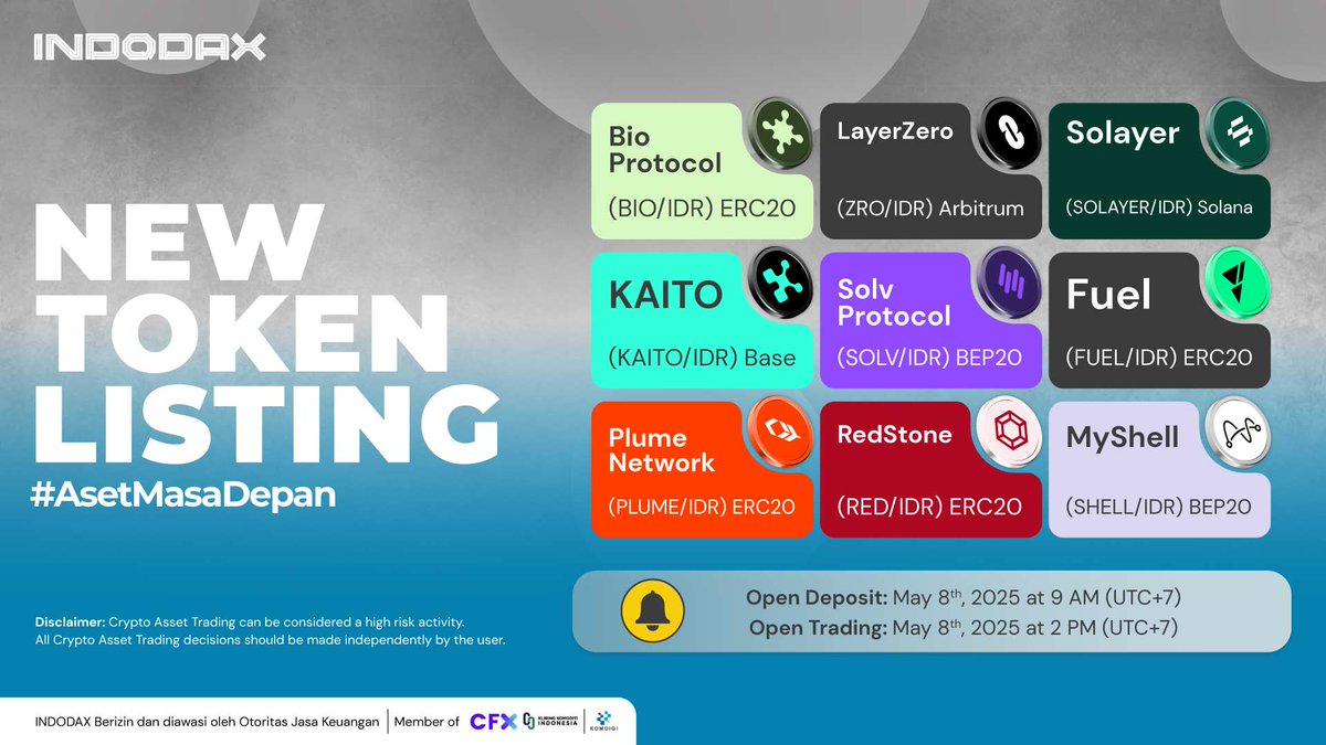 We are pleased to announce a new Crypto Asset that will be added to the  INDODAX marketplace, Bio Protocol (BIO) @BioProtocol, LayerZero (ZRO)  @LayerZero_Fndn, Solayer (SOLAYER) @solayer_labs, KAITO (KAITO) @KaitoAI,  Solv Protocol (
