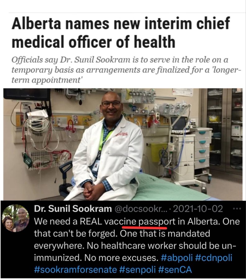<a href="/JeffreyRWRath/">Jeffrey Rath</a> Danielle Smith has just appointed a <a href="/CMOH_Alberta/">Alberta Chief Medical Officer of Health</a> who wanted to starve the unvaccinated and impose vaccine mandates "everywhere", including grocery stores.

Sadly, most Albertans are in a coma while the province is quietly sold out to the globalists with a smile...

#ableg