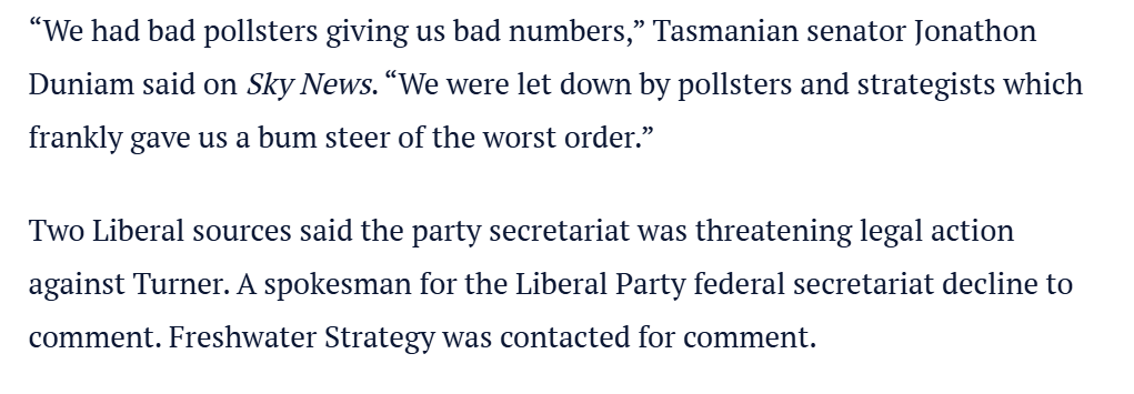 Some Liberals now threatening to sue their internal pollsters. Via <a href="/paulsakkal/">Paul Sakkal</a>