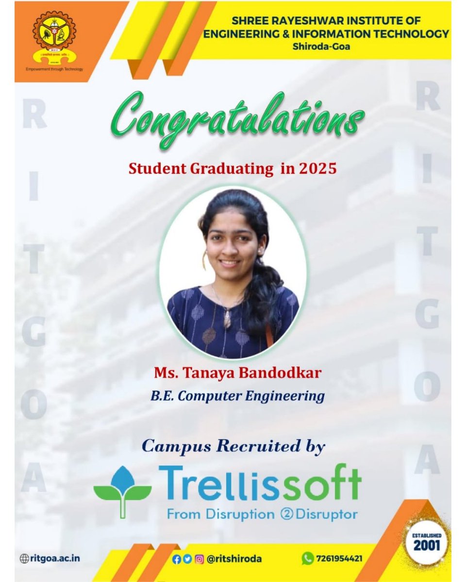 Ritshiroda's tweet photo. Congratulations to Ms. Tanaya Bandodkar, our 2025 graduating batch student from Computer Engineering Department, for getting campus recruited by Trellissoft Engineering Services Pvt. Ltd. https://t.co/fmDQSFADmP