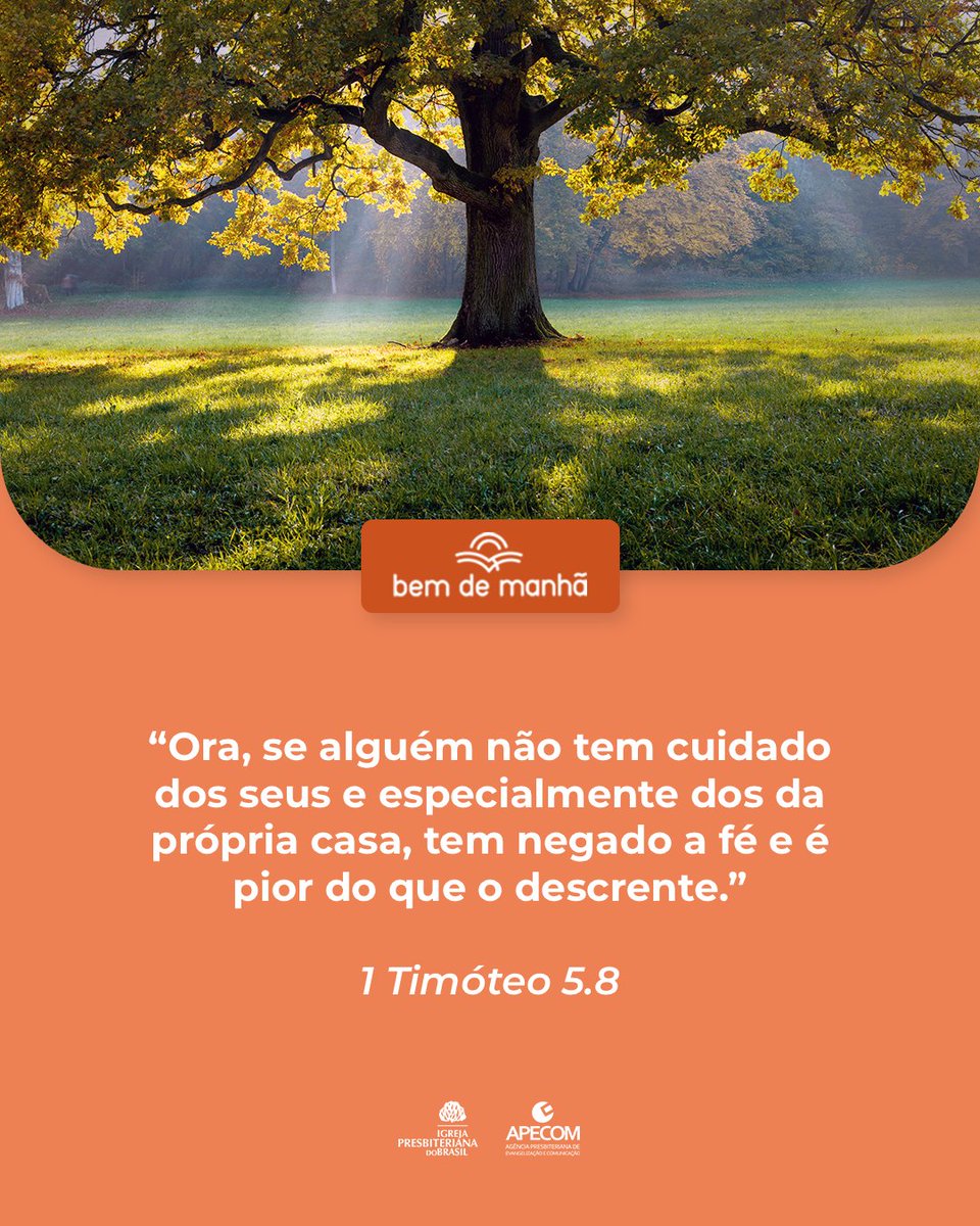 Bem de Manhã: Comece o dia meditando na sabedoria de Deus.

“Ora, se alguém não tem cuidado dos seus e especialmente dos da própria casa, tem negado a fé e é pior do que o descrente.”

1 Timóteo 5.8