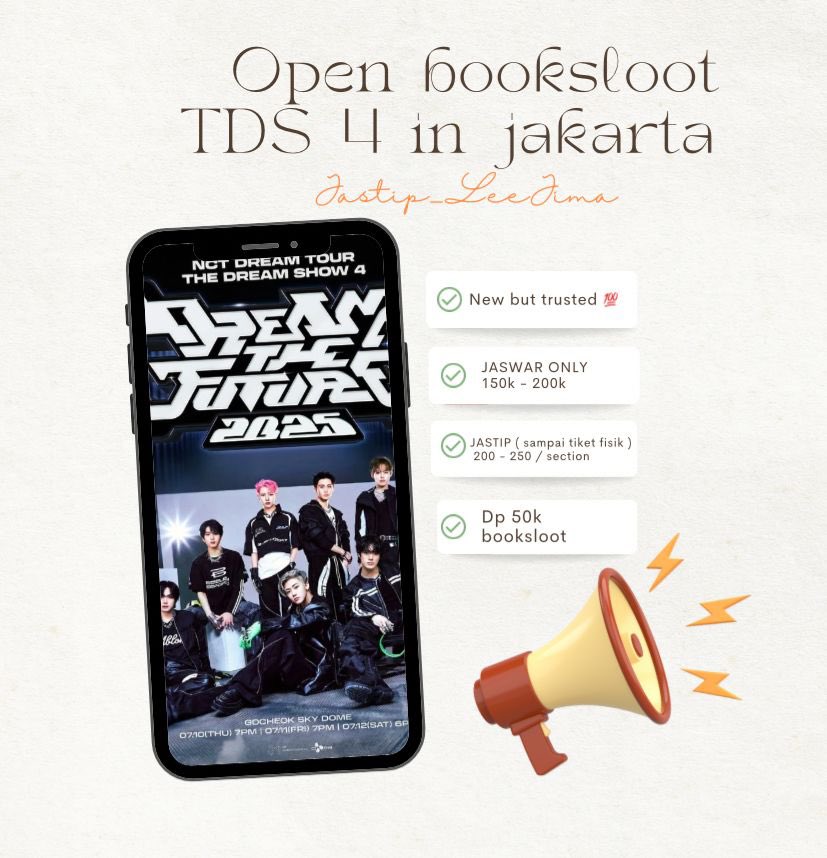 jastip_leejima's tweet image. Hallo Sijeuniii🌱

Bentar lagi announe TDS4 nih🫣
Buat kalian yang lagi cari cari jastip/jaswar tiket, bisaa bgt bookslot di @jastip_leeJima! fee only 150k-200k aja loh!^^
Eitttss, walaupun kita baru, tapi dijamin TRUSTED 💯
Data sendiri✅ self payment✅
more info bisa DM yah!^^